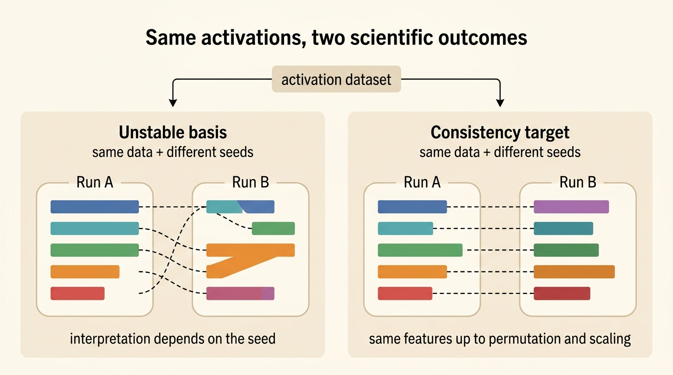 Conceptual comparison between an unstable SAE basis and a consistency target where features align across runs up to permutation and scaling.